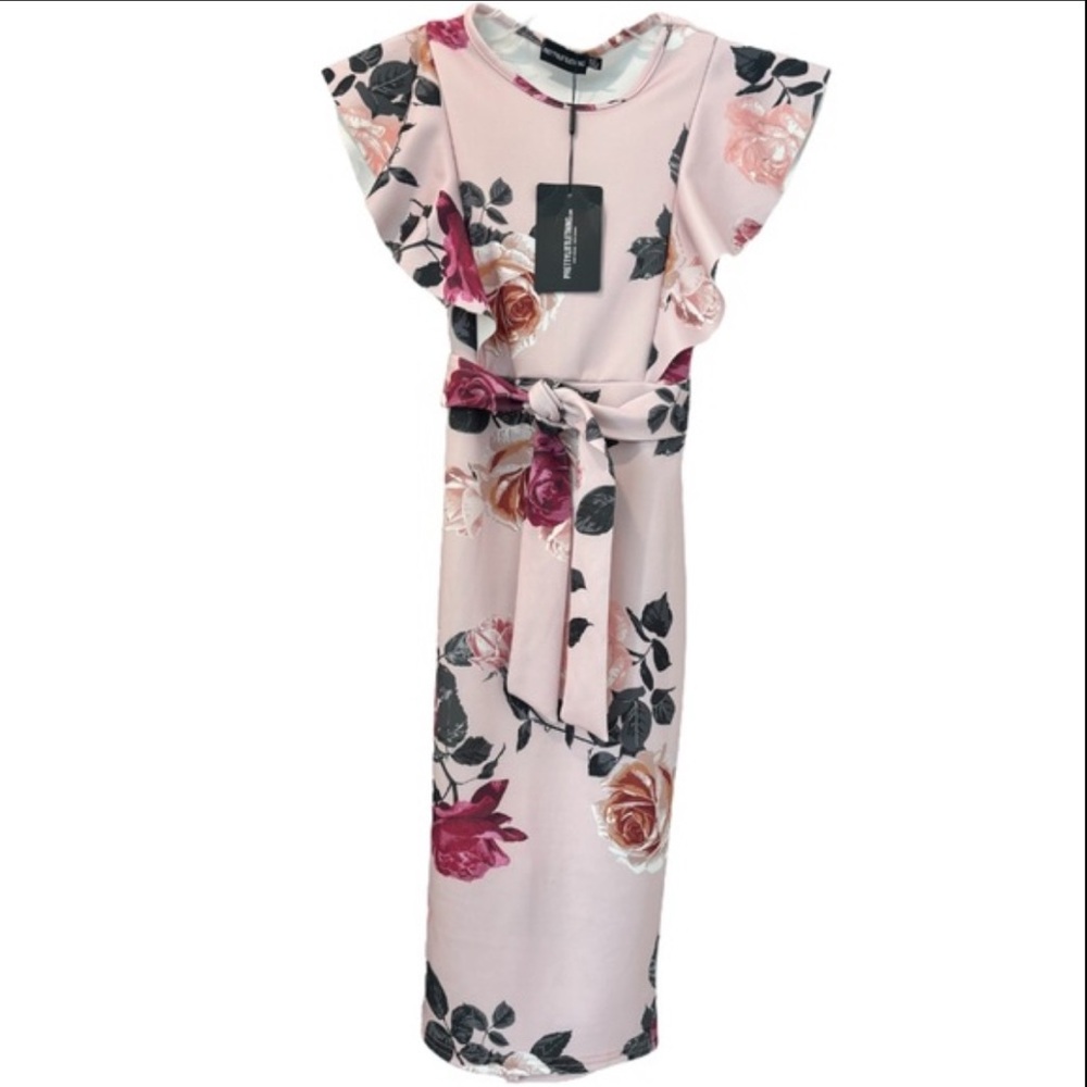 Floral Print Ruffle Detail Midi Dress Romantic Flowers Dusty Rose Pink Size 4 - Picture 14 of 16